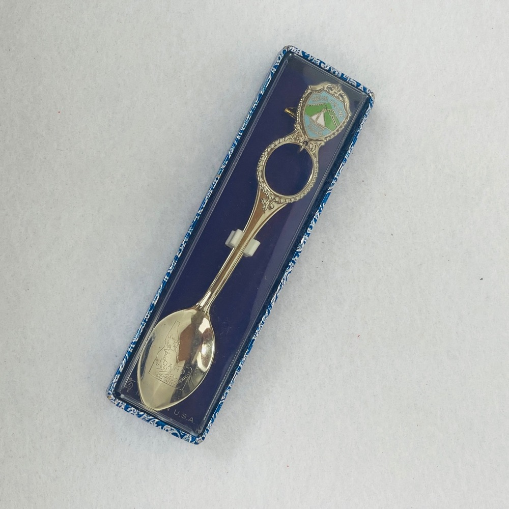 Coeur d'Alene Idaho Souvenir Spoon Silver Tone Enamel Crest Map Sun Valley Boise